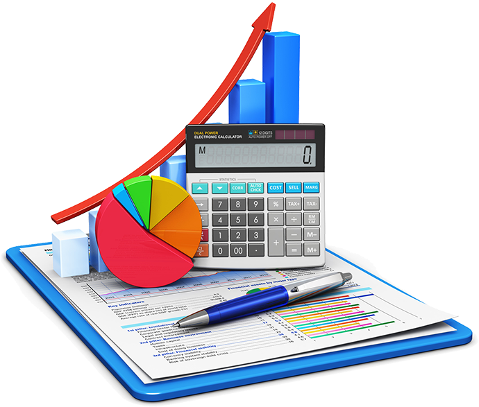 Financial documents with charts, pie graph, calculator, and a pen representing accounting and analysis.