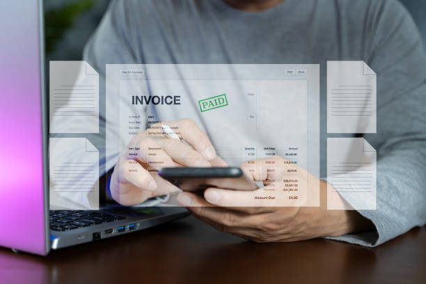 Document digital invoices or payment receipts on your smartphone. Payment and billing, business invoice, financial operations concept with invoice location icon on virtual screen.