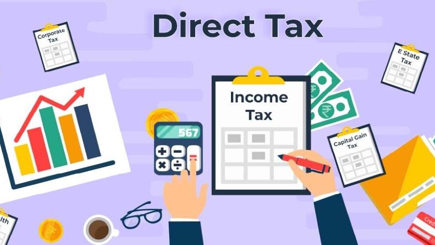 A graphic illustration about Direct Tax, featuring elements like a calculator, income tax form, and various tax-related documents