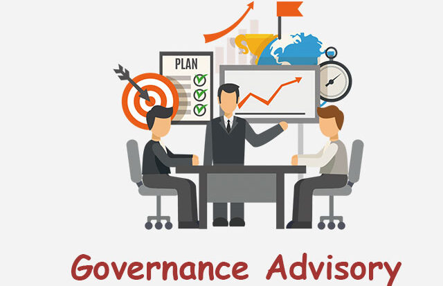 Illustration of business professionals discussing governance strategy with charts and global data.