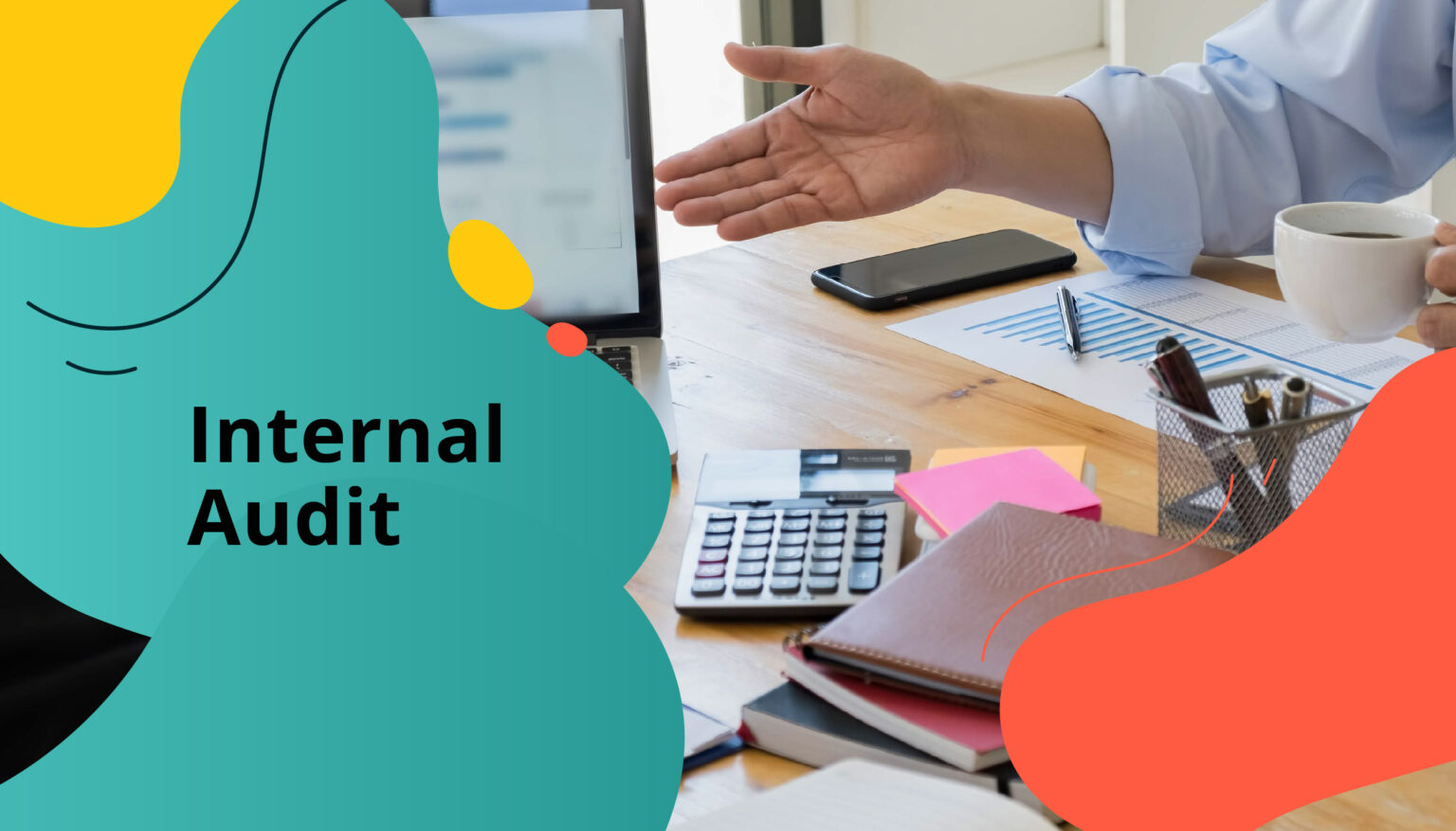 Person discussing financial reports at a desk with a laptop, calculator, and documents, representing an internal audi
