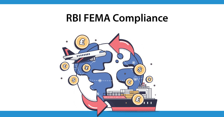 Illustration representing RBI FEMA compliance with a globe, airplane, cargo ship, and currency symbols showing international financial transactions and trade.