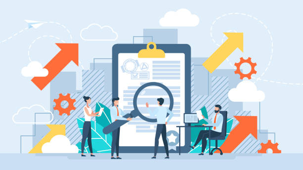 Illustration of business professionals analyzing data on a large clipboard with charts, gears, and arrows indicating growth, strategy, and teamwork.