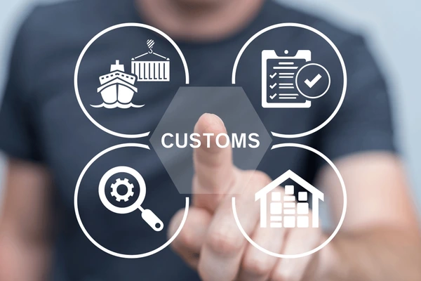 Person interacting with a digital interface showing customs-related icons such as inspection, checklist, warehouse, and government building, symbolizing import-export compliance.