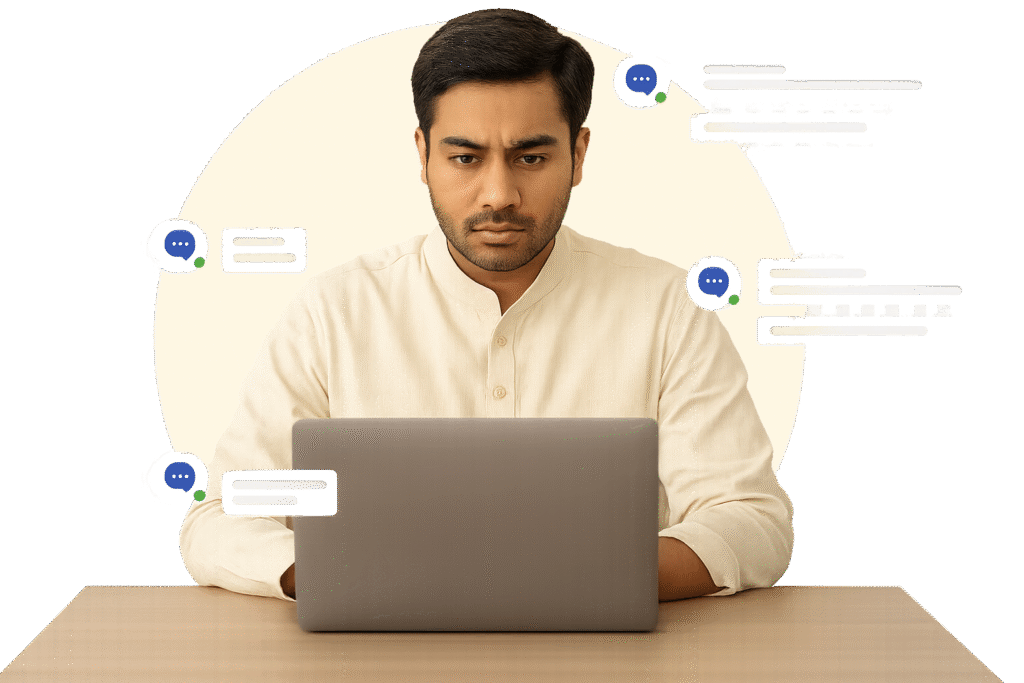 Focused man in traditional kurta working on a laptop with chat icons in the background.