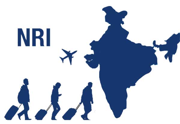 Illustration of NRI travelers with luggage moving towards a map of India, representing Non-Resident Indians returning or connecting to India