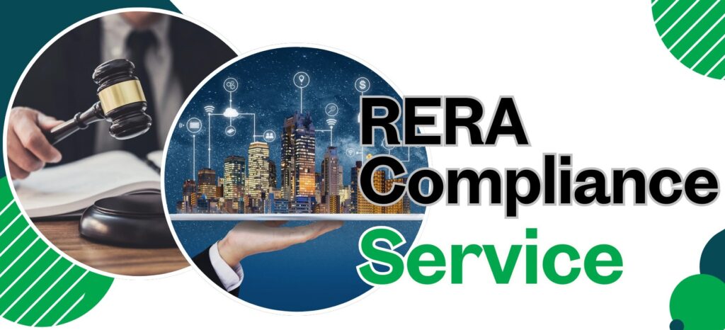 RERA compliance service concept with images of a gavel, a city skyline, and legal documents