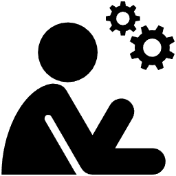 Silhouette of a person working with gear icons.